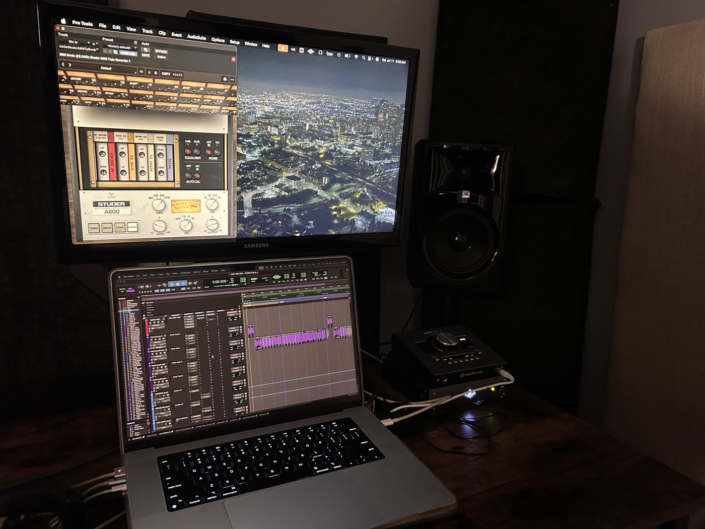 The Azalea Studios desk: Pro Tools running on the monitor and laptop with a studio monitor alongside