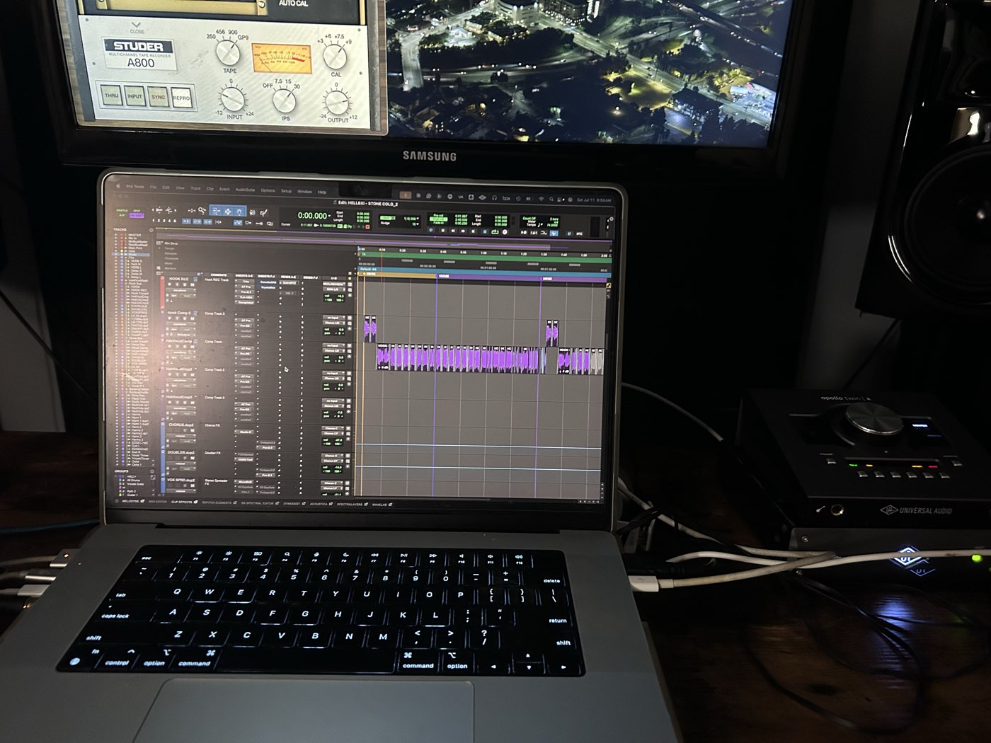 A mix session open in Pro Tools with the UAD Studer A800 and the Universal Audio Apollo interface